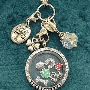 Origami Owl 30" silvertone locket w/6 charms & 3 attached dangles